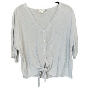 PINK ROSE Blue and White Striped Tie Front V-Neck Blouse - L